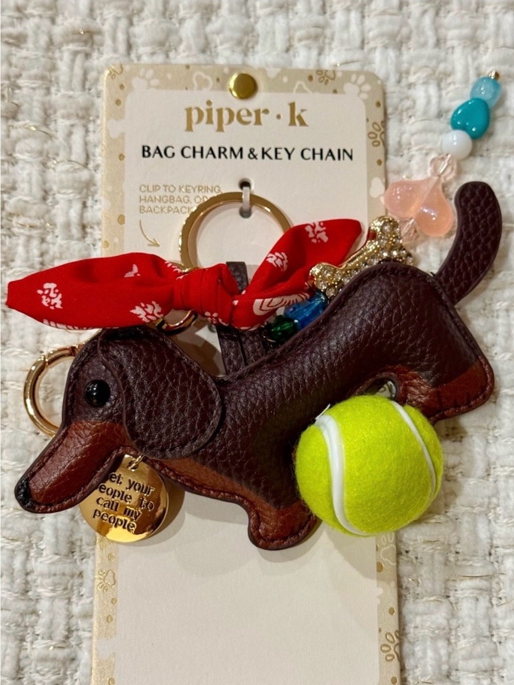 Piper Brown Leather Dachshund Bag Charm key with Red Bandana Accent Free Bag NEW